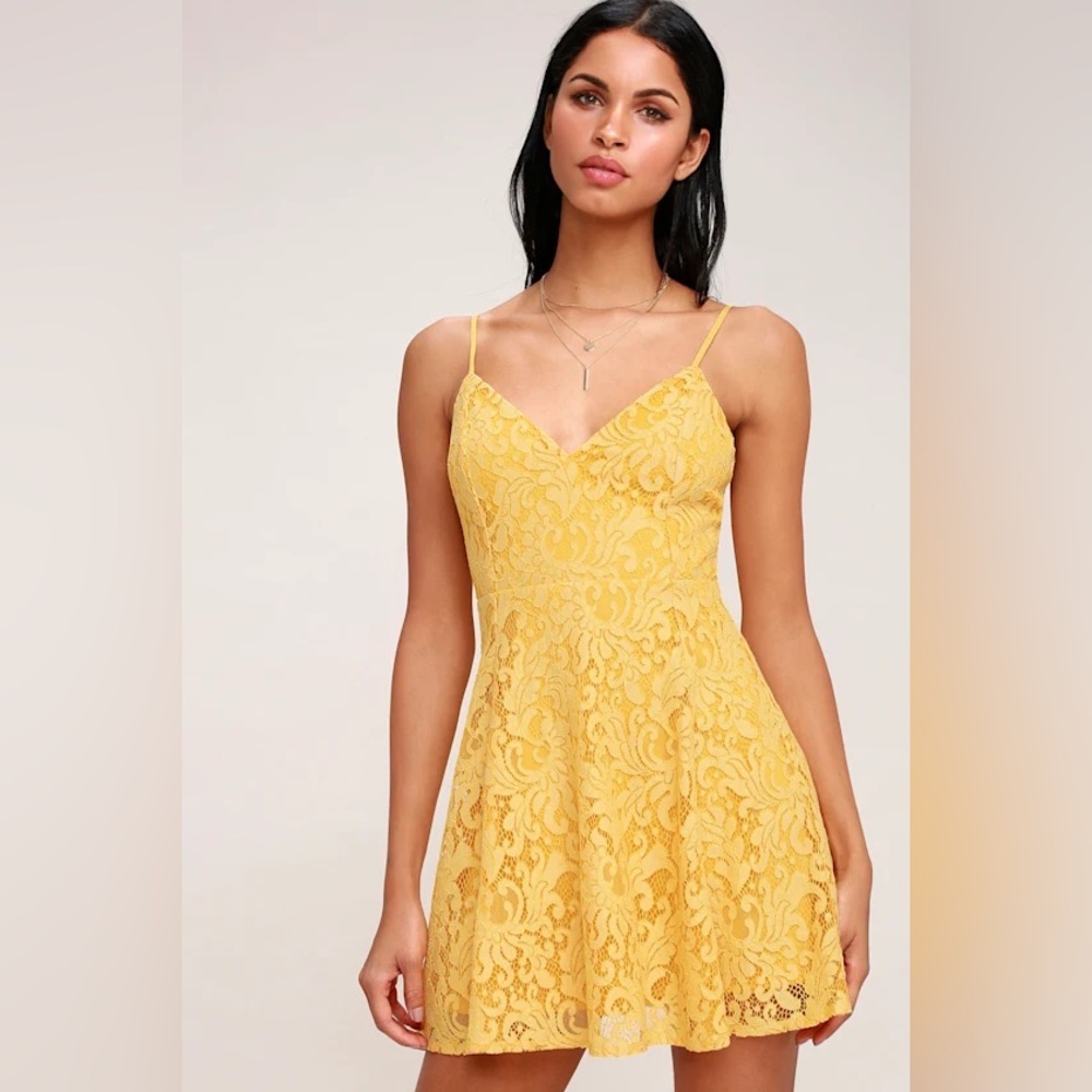 Lulu's Yellow Lace Strapless Fit-and-Flare Dress